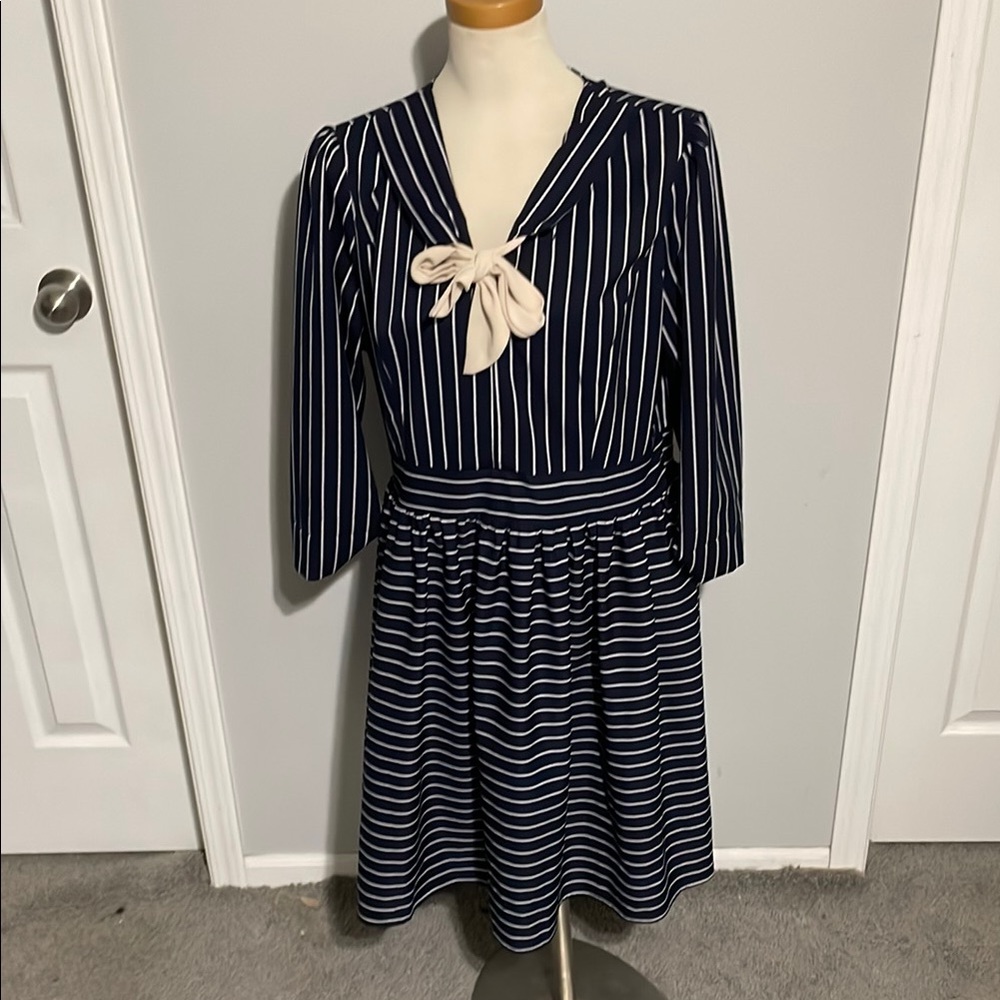 Miusol Navy and White Striped Long Sleeve Dress